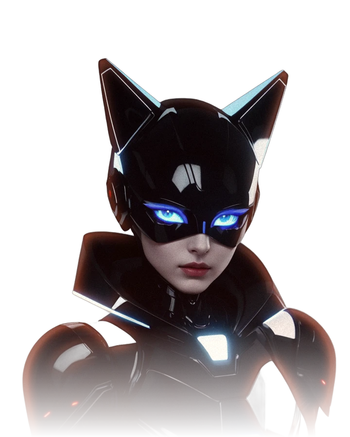 Mira, Gamira's AI team member: an android in a glossy black cat-eared helmet with glowing blue eyes